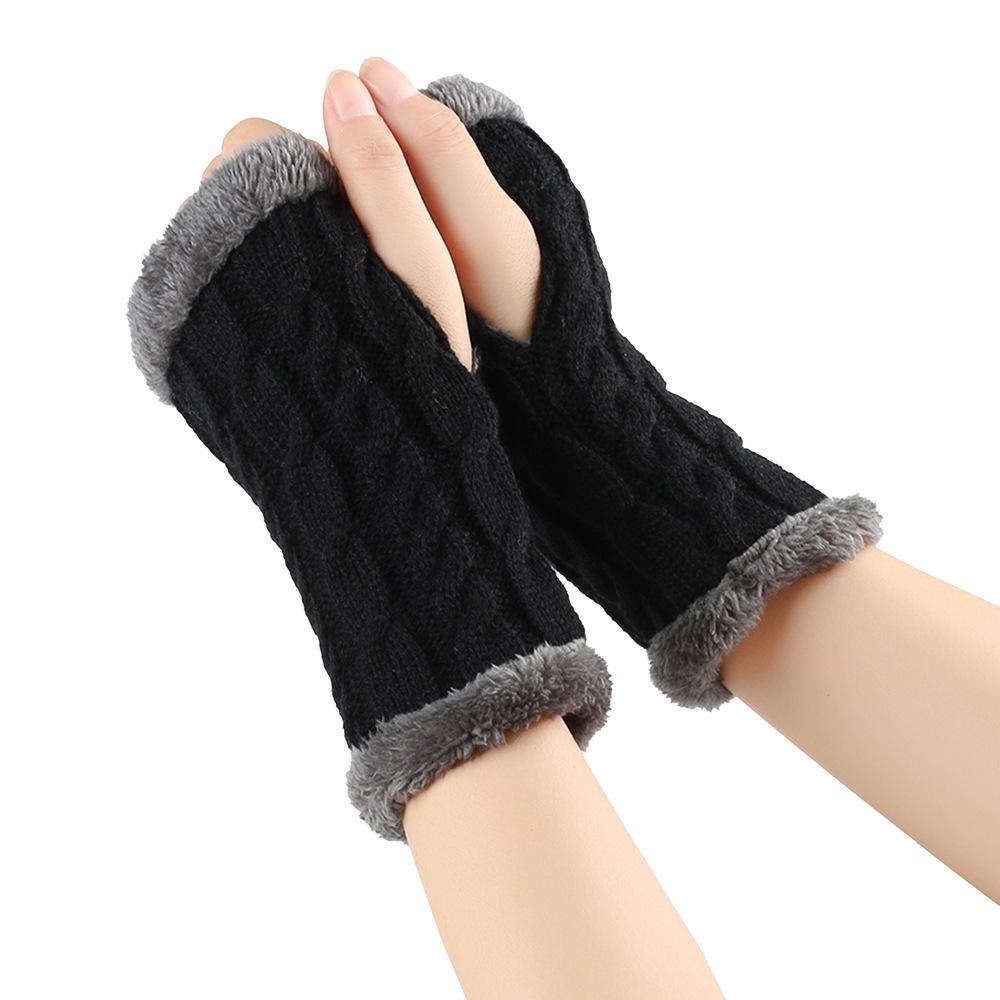 Solid Color Knitting Fingerless Plush Gloves Arm Warmers Thicked Gloves Autumn Winter Mittens For Adult
