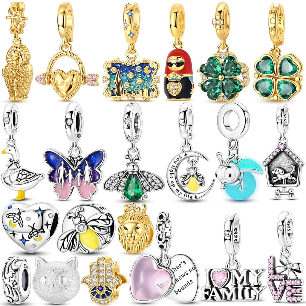 925 Silver Golden Clover Charms Bead CZ Zircon Glowing Firefly Pet Cat Puppy Pendant Fit Original Bracelet DIY Jewelry