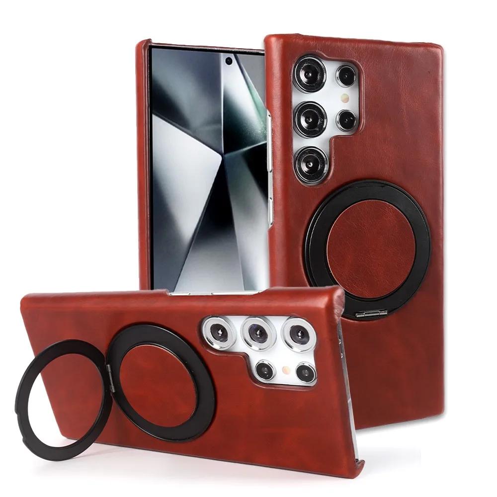 

Luxury Genuine Leather Case For Samsung Galaxy S24 Ultra S23 S22 S21FE S20 Note20 S23FE Magnetic Ring Stand Bracket Phone Cases For Samsung S25Ultra рубиново-красный