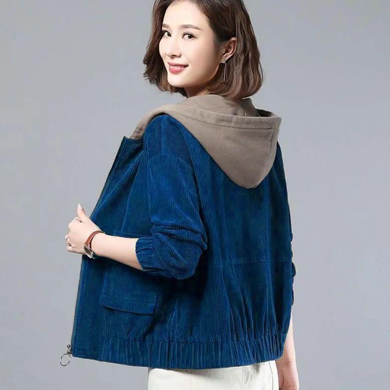 Women's Corduroy Jacket Spring Autumn Loose Mom Korean Version Hooded Short Thin Coat Large Size Casual Style