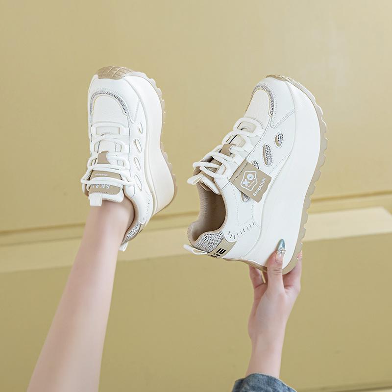 2025 Spring New 8cm Muffin Thick-soled Inner Height-increasing Rhinestone Women's Shoes Korean Version of Versatile Round Head Casual Little White