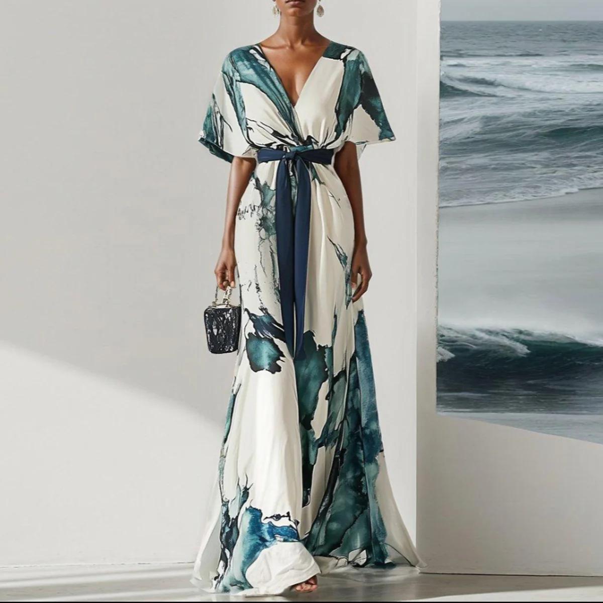 

Жіноча максі-сукня з V-подібним вирізом, квітковим принтом, поясом, коротким рукавом, блакитно-зеленим акварельним візерунком, елегантний повсякденний одяг XXL