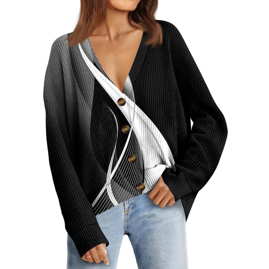 Women's Fashion Long Sleeve Print V-Neck Button Loose Cardigan Top