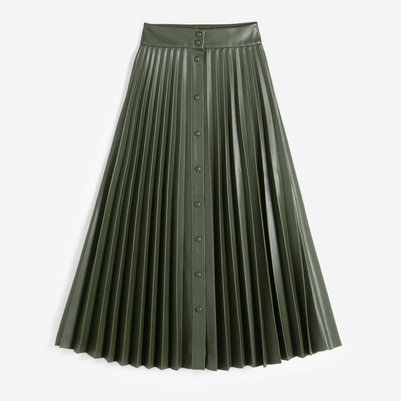 

SW Pleated Skirt Fashionable High Waist Slim Looking Environmental Protection Leather Green S((oz S))