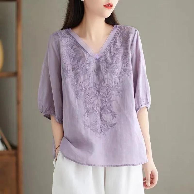 Casual Cotton Linen Blend Mid Sleeve Shirt Women's V Neck Embroidery Heavy Work Summer Style Thin Cotton Linen Shirt