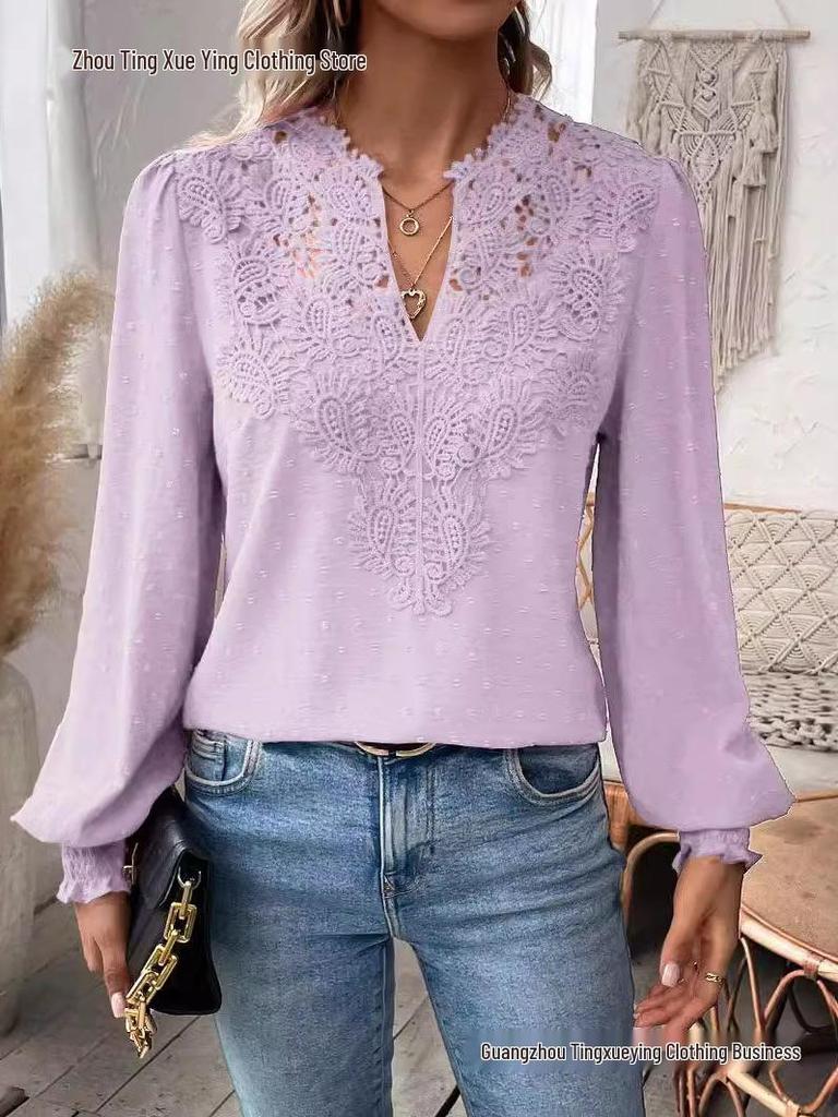 Autumn/Winter V-Neck Lace Long Sleeve Casual Solid Color Women's Top