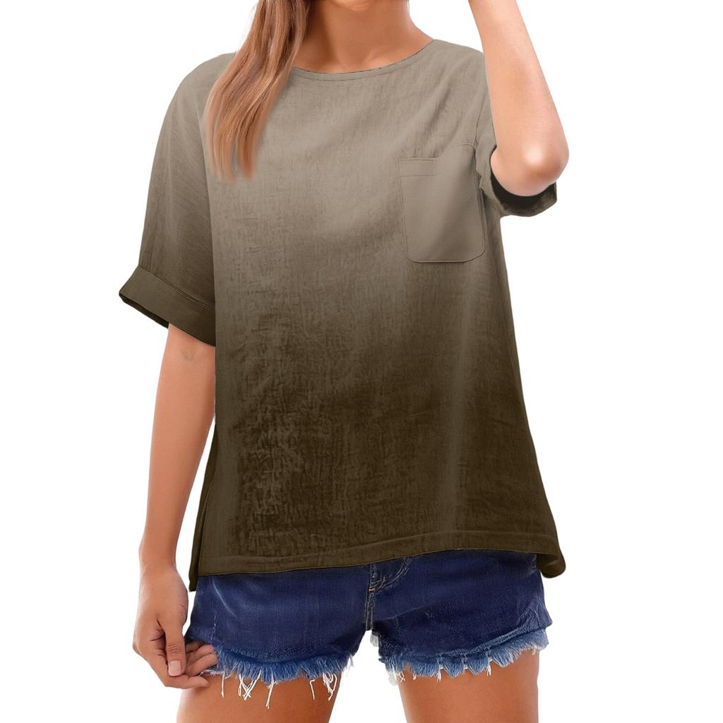 Fashionable Women's T-shirt Short Sleeved Casual Top With Pocket Gradient Print Round Neck Lightweight Shirt