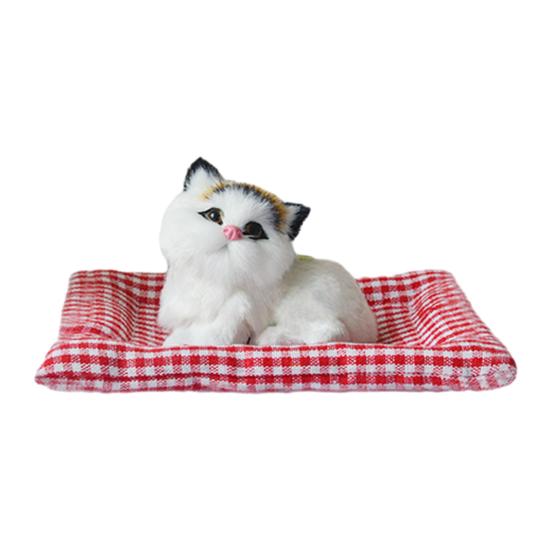 Simulated Cat Toy with Cloth Mat Lifelike Meowing Plush Kitten Model Stuffed Animal Doll Home Office Desktop Decoration Ornament
