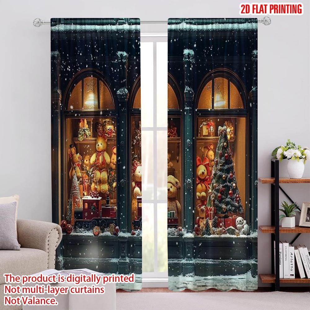 

Set Of 2 Vintage Flat Printing Merry Christmas Popular Window Curtains Train Versatile Fabric Without Electricity Family Party Curtain Made Polyester W100*H70(CM)-Hooks&2PCS