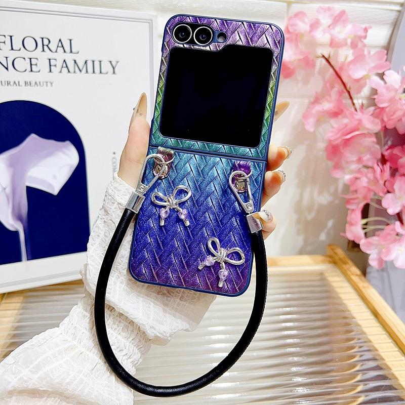 Luxury Gradient 3D Bow Weave Pattern Phone Case for Samsung Galaxy Z Flip 3 4 5 6 5G Flip6 With Lanyard Shockproof Back Cover