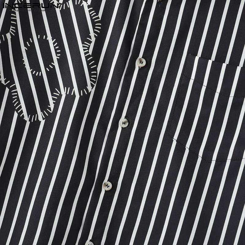 INCERUN Cămăși scurte casual de vară pentru bărbați, supradimensionate, cu guler cu rever, mânecă scurtă, florale, cu dungi