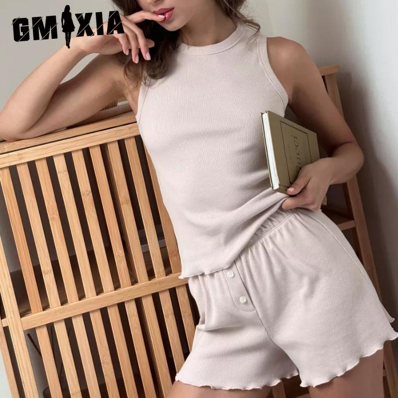 GMXIA Spring and Summer Pajamas Set Solid Colour Comfortable Vest Shorts Casual Loungewear Two-piece Set