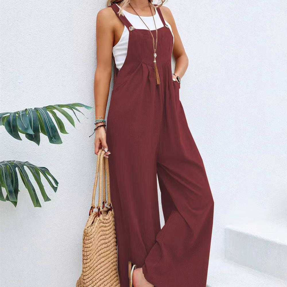Sommer Dame Lang Jumpsuit Ensfarget Casual Løs Tynn Størrelse Ermeløs Stropper Vidt Bein Dame Seleskjørt Løs Jumpsuit