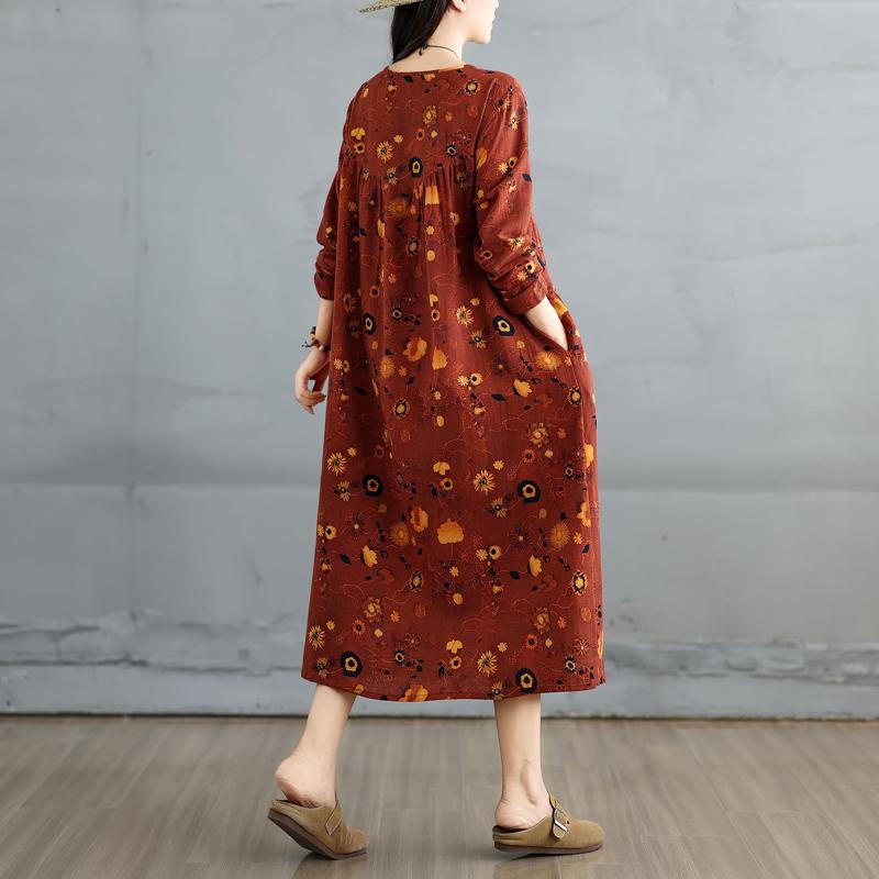 DIMANAF 2025 Kobiety Plus Size Wiosenna Długa Sukienka Luźna Podstawowa z Nadrukiem Vintage Casual Kwiatowa Oversize Długi Rękaw Maxi