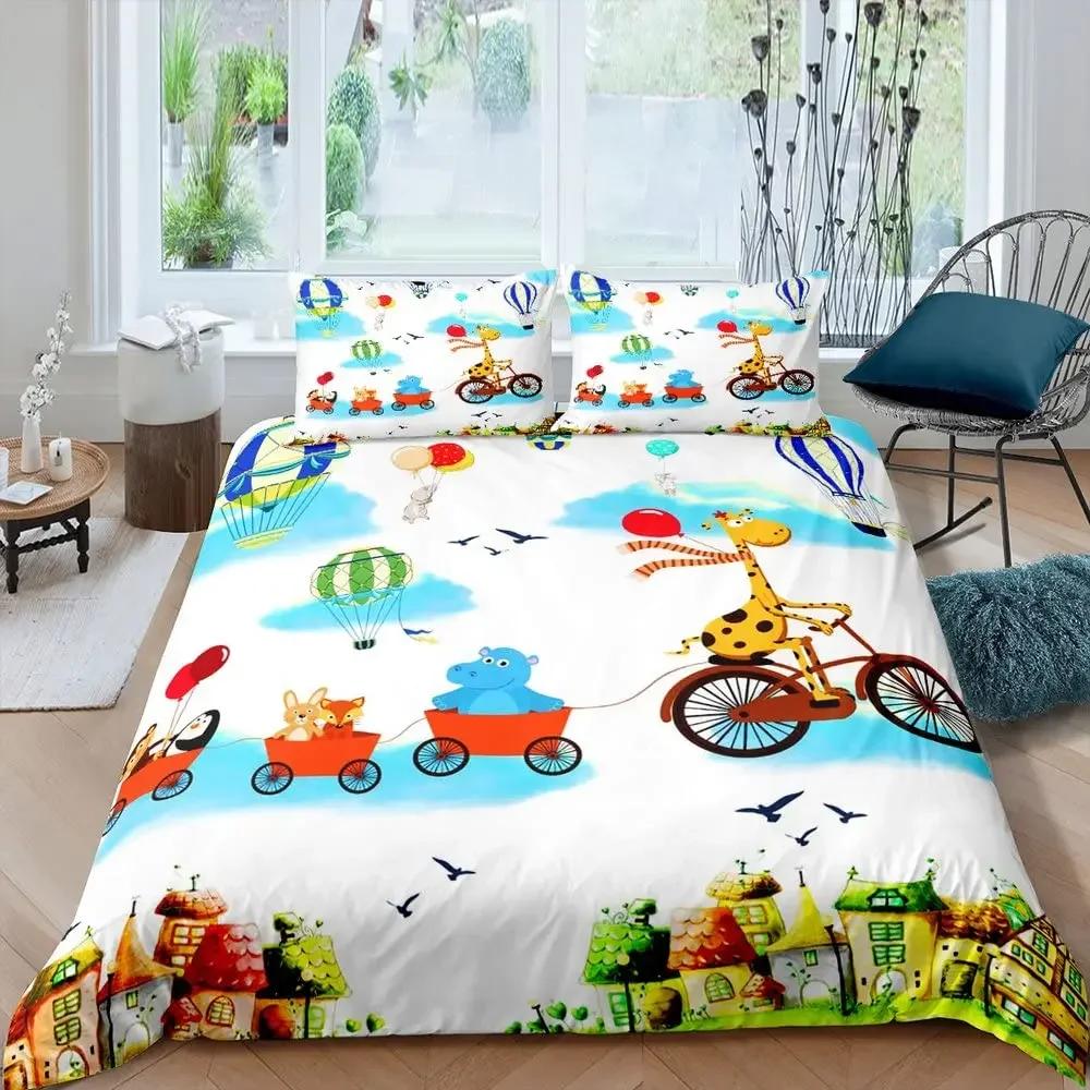 Cartoon Animals Duvet Cover Set King Size Savannah Tropical Forest Jungle Wildlife Bedding Set Kids Zoo Polyester Quilt Cover