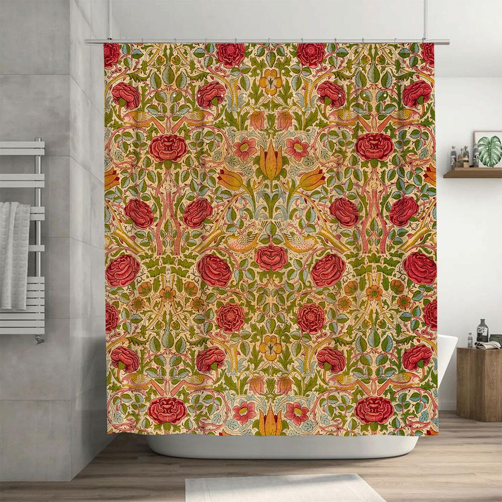 Retro Red Floral Shower Curtain Luxury Bath Decor with Green Leaf Pattern Perfect for Vintage Bathroom Design Polyester Fabric W