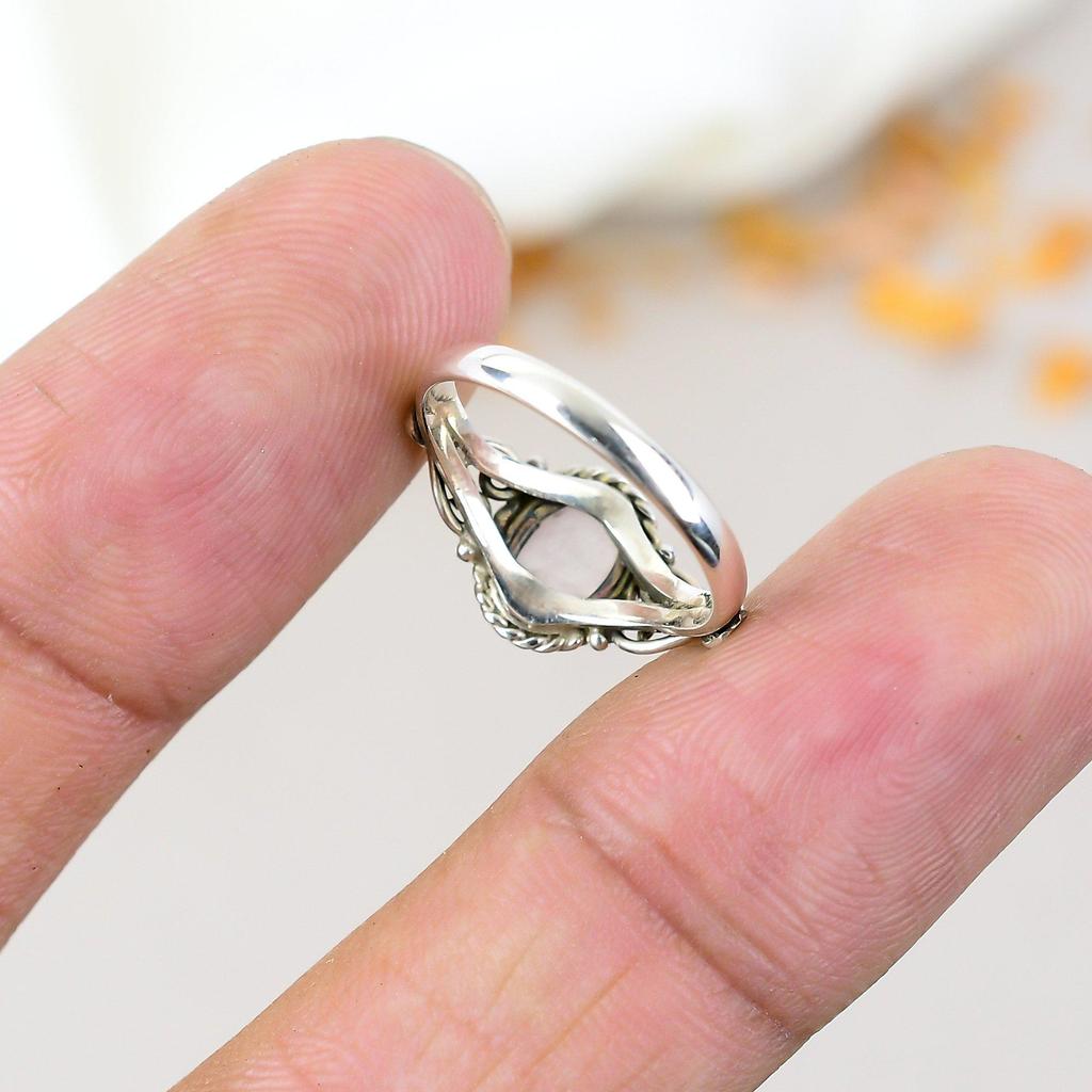 925 Sterling Silver Rose Quartz Gemstone Oval Shape Ring For Women