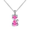 Aqua Blue Pink White Zircon Small Cat Pendant Cute Animal Necklaces For Women Trendy Silver Color Chain Necklace Wedding Jewelry