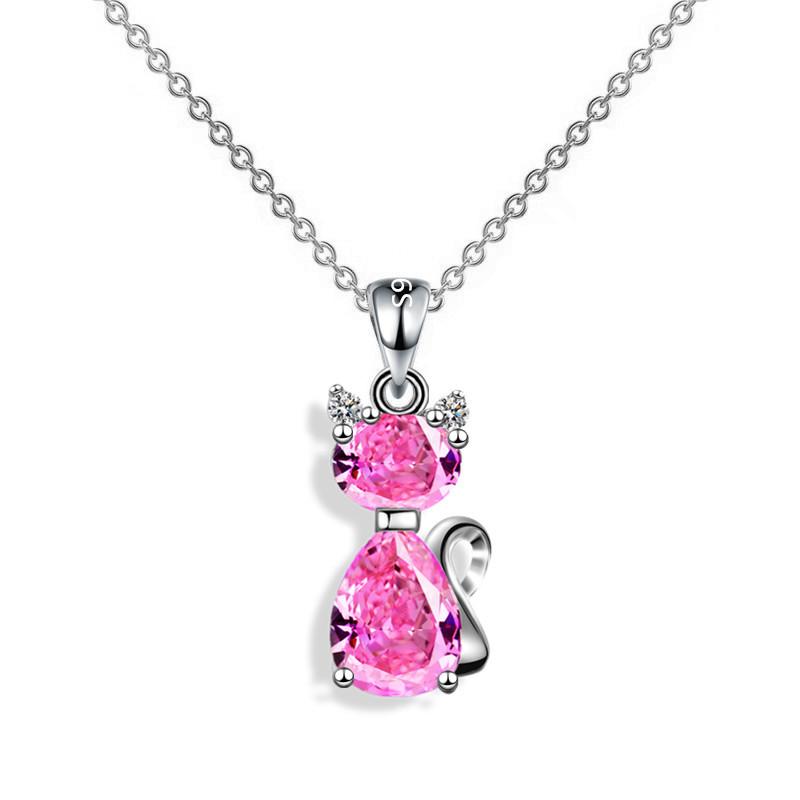 Aqua Blue Pink White Zircon Small Cat Pendant Cute Animal Necklaces For Women Trendy Silver Color Chain Necklace Wedding Jewelry