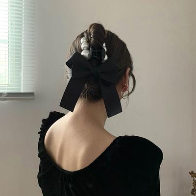 1PC Elegant Imitation Pearl Bow Back Head Grip Clip Hairpin, Coil Hair Grip Shark Clip Retro Temperament Headwear