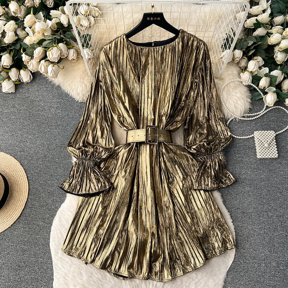 

Роскошные вечерние платья для женщин 2024 года, элегантное металлическое платье с завязкой на поясе, осеннее мини-платье с длинными рукавами и складками для женщин One Size хаки