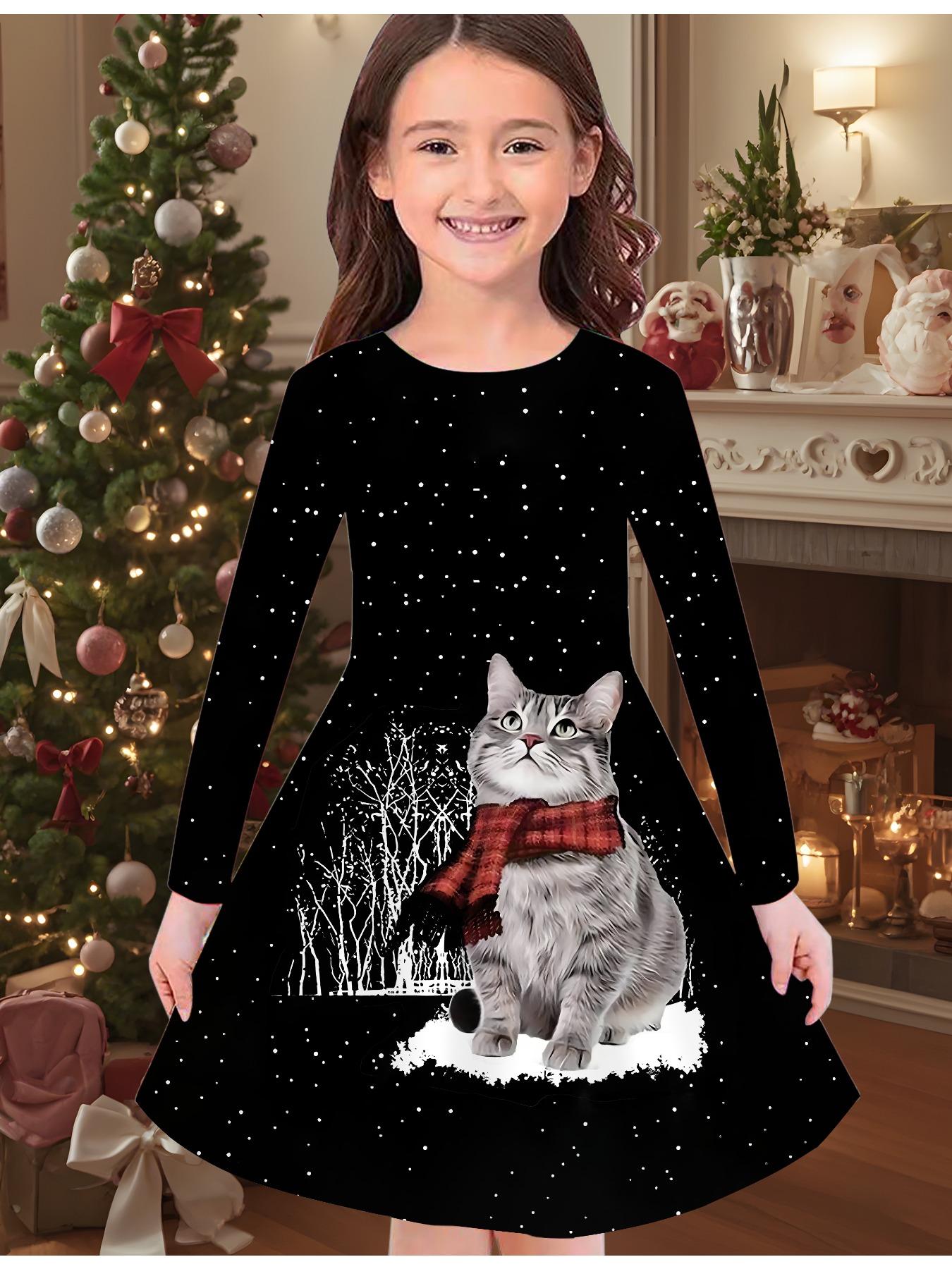 

Модное осенне-зимнее платье для девочек, с 3D принтом кошки, с круглым вырезом, длинное детское платье-футболка, повседневное, универсальное, рождественская одежда 170 чёрный