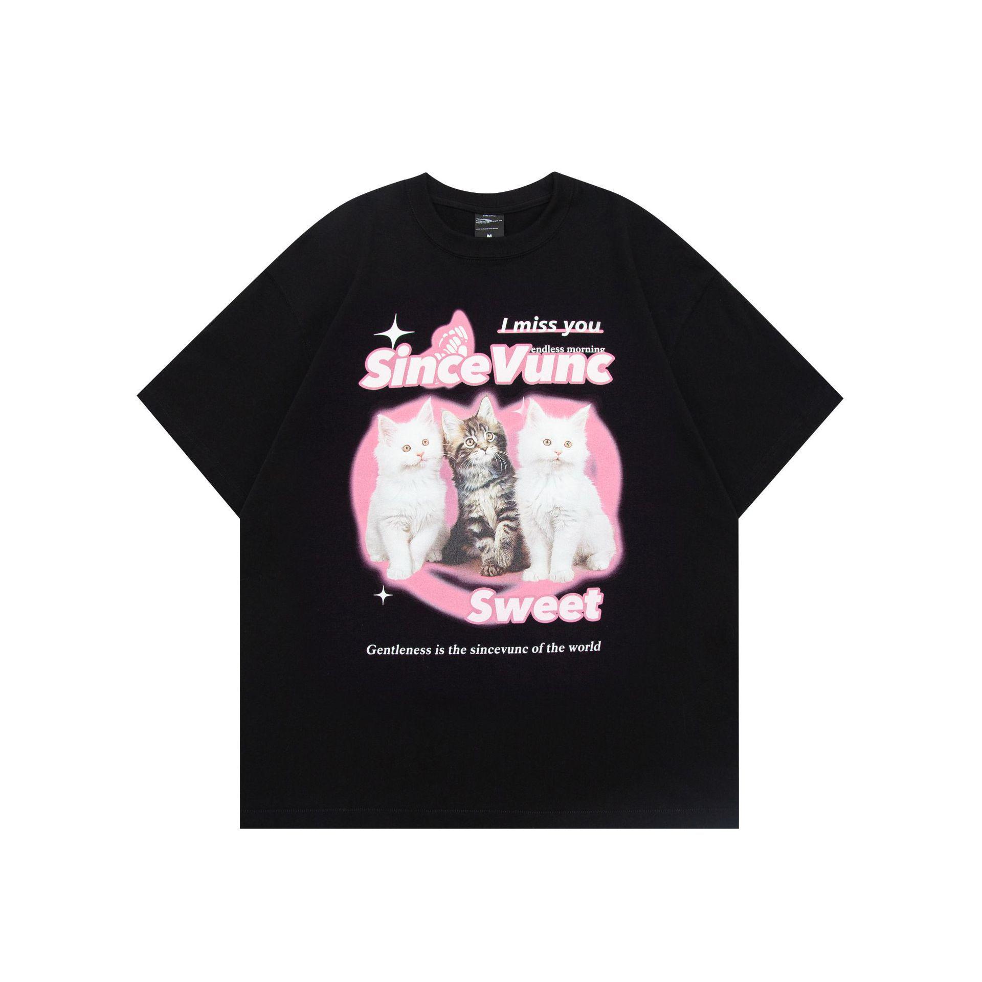 

Женская футболка VUNC Cartoon Cat Oversize - 270 г чистого хлопка, свободный крой, дизайн American Letter, короткий рукав, летняя одежда S (for 40-50kg) чёрный