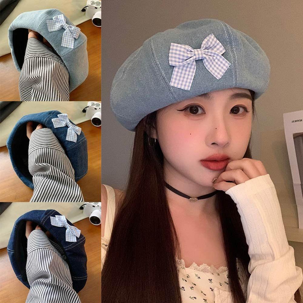 

Шляпа художника с бантом и звездой, кепка с милым бантом, повседневная джинсовая берета, шляпа для женщин и девочек