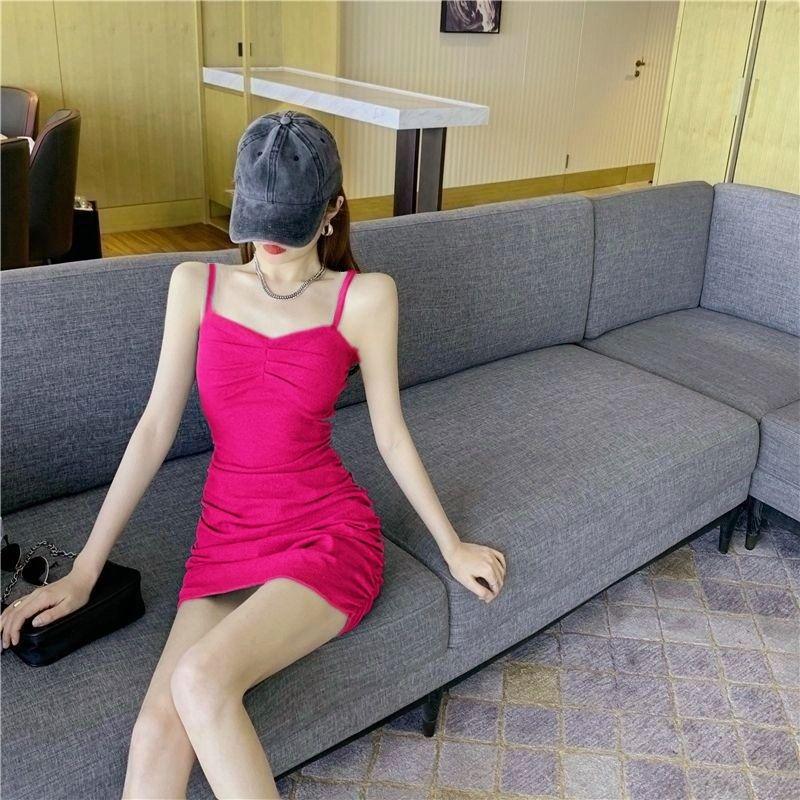 Elastic Off-Shoulder Pleated Mini Dress with Straps, Flaw-Hiding, Sexy Bodycon Skirt