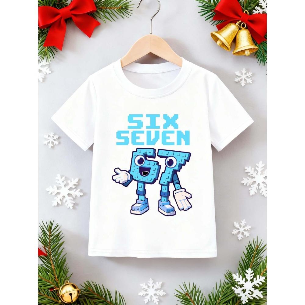 Blue robot six seven pattern printed men's casual sports short sleeved shirt, children's fashionable sportswear