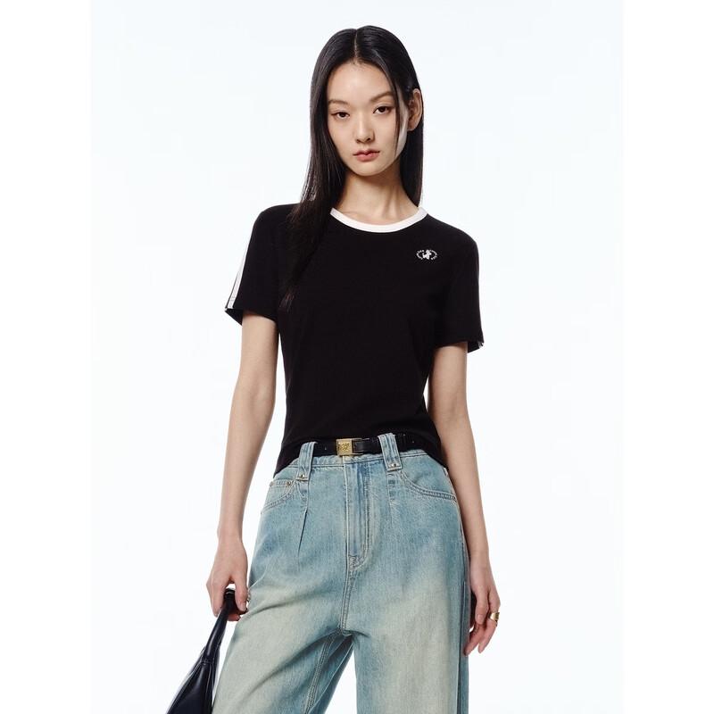 Peacebird Women s Puppy Embroidery Contrast Short Sleeve T-Shirt S