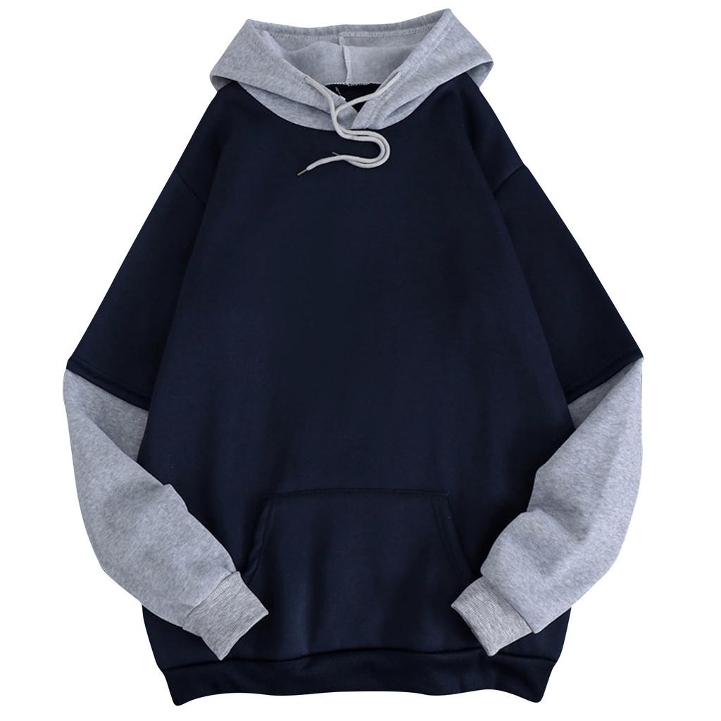 Women Casual Solid Long Sleeve Splited Patchwork Hoodie Sweatshirt Pullover Top