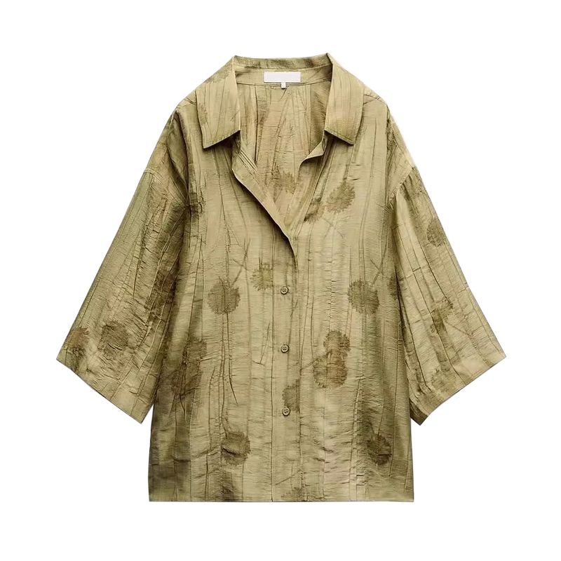 Lapel Short sleeve Jacquard Loose Shirts Top 4786046 High Waist Straight Casual Jacquard Pants 4786060