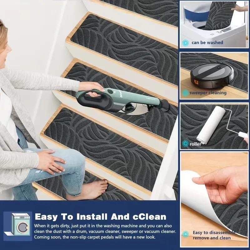 1 Piece Removable Self-Adhesive Anti-Slip Stair Mat Gray Washable Fabric Safety Pad with Non-Slip Backing for Wooden Stairs