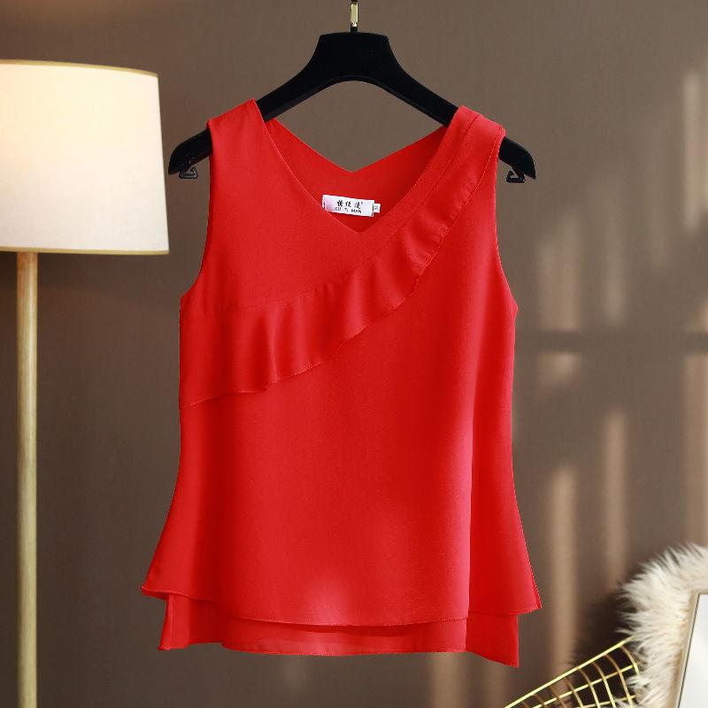 Summer Women Loose Ruffles  Chiffon Blouses Sleeveless V-neck Vest Female Oversized Tops
