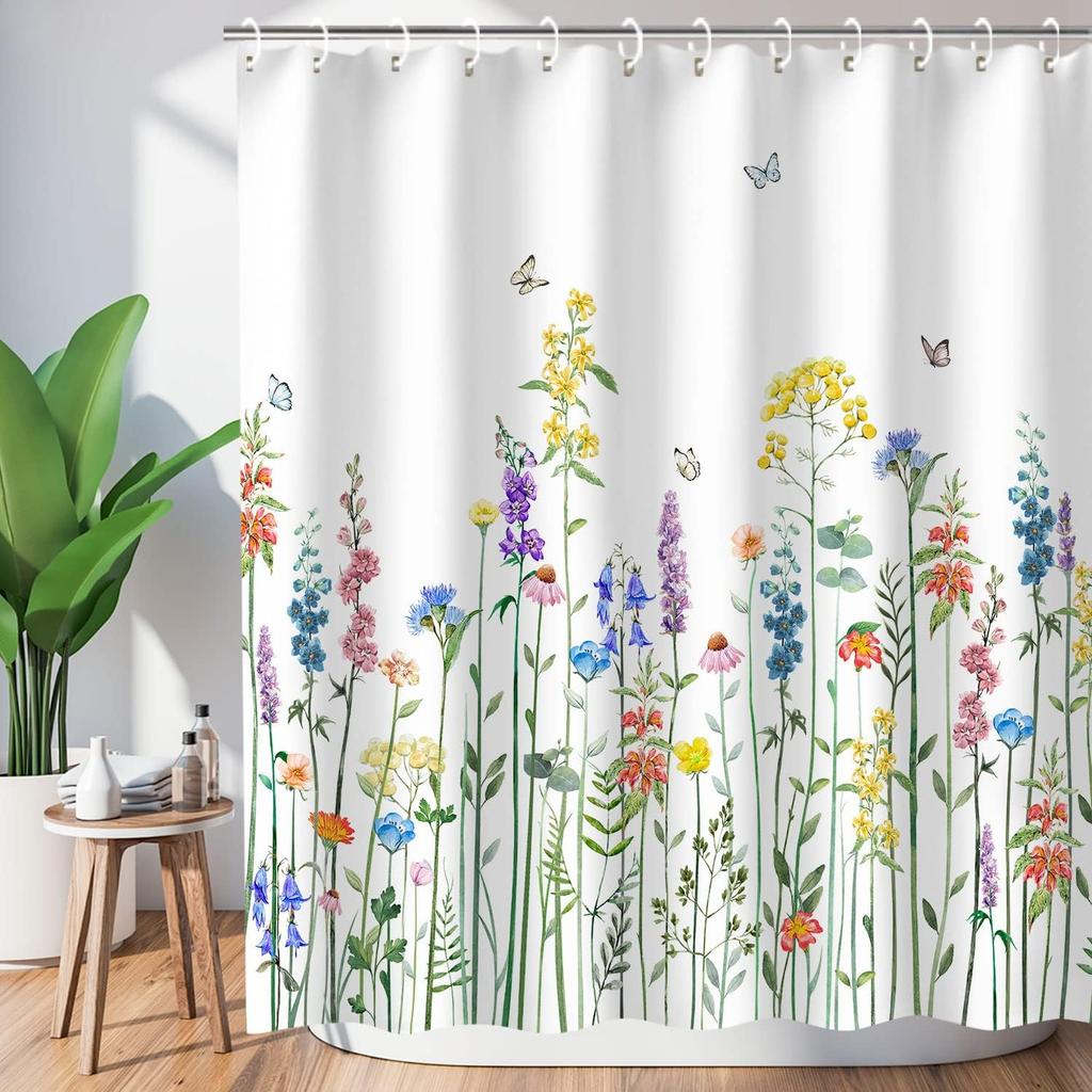 Spring Colorful Wildflower Floral Shower Curtain, Butterfly Plant Waterproof Washable Bathroom Curtain With Hooks
