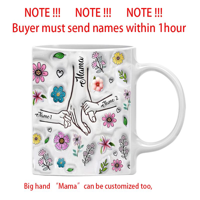 Personalize Name Mug Customize 3D Effect Printing Flowers Cup Holding Hands Coffee Mugs For Children and Mother's Day Gifts