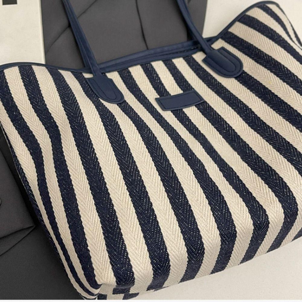 Korean Style Stripe Canvas Tote Bag Zipper Shopping Handbag Casual Shoulder Bag  Travel