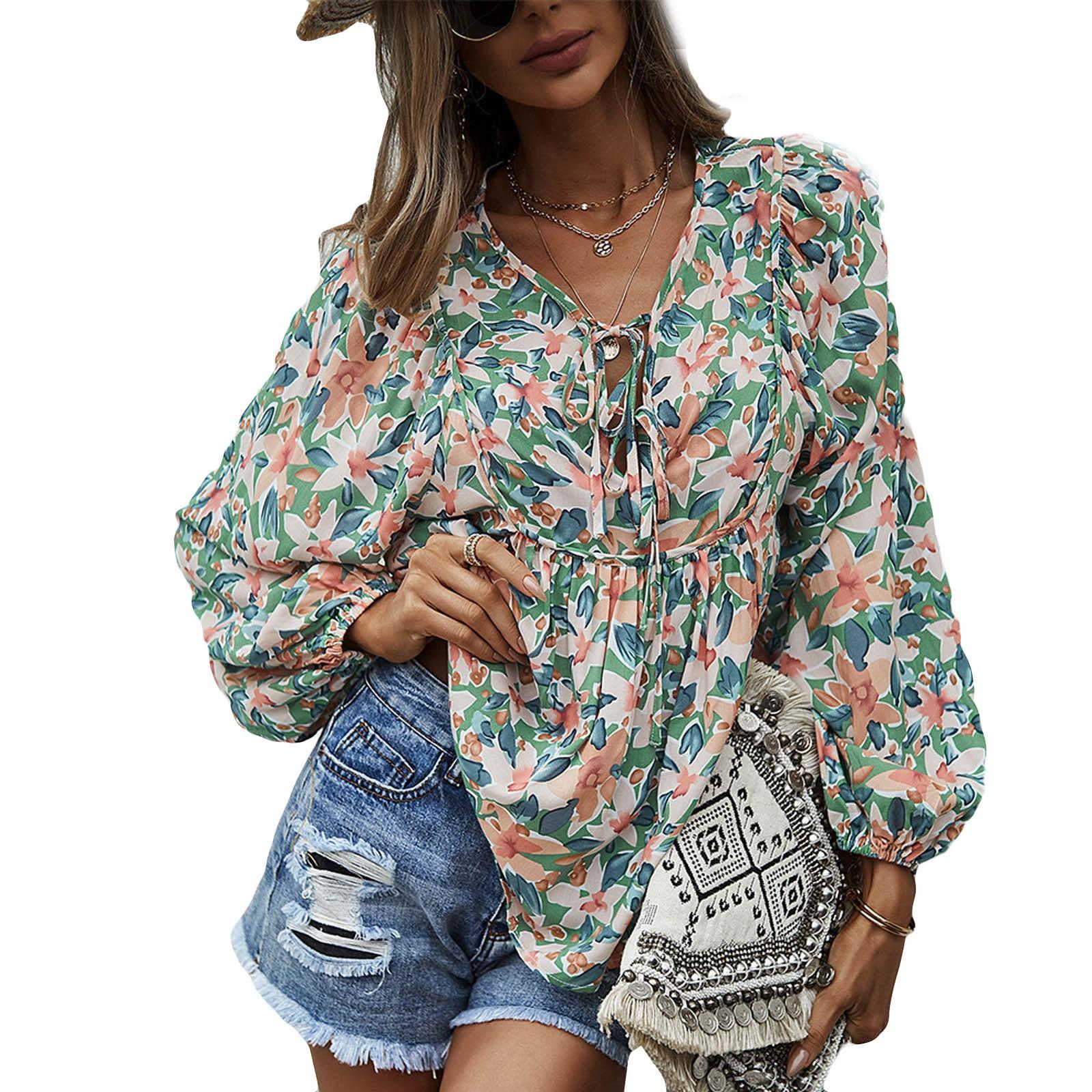 

Women Boh Tops Long Sleeve Blouse Sleeve V-Neck T-Shirt Tee S зелений
