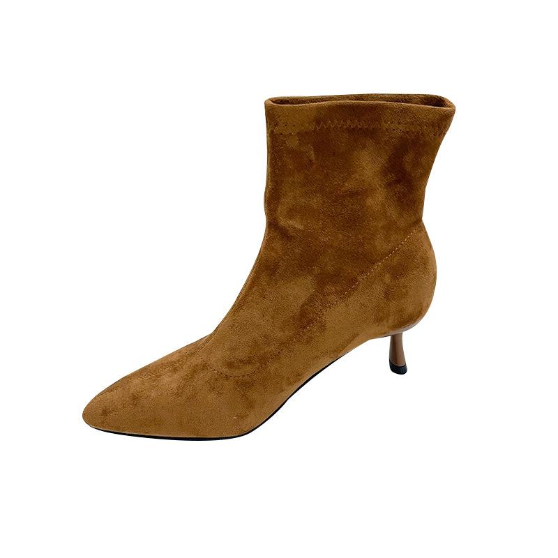 2025 autumn and winter Korean version fashion temperament pointed head high heel elastic thin boots suede commuting elegant thin heel short boots wo