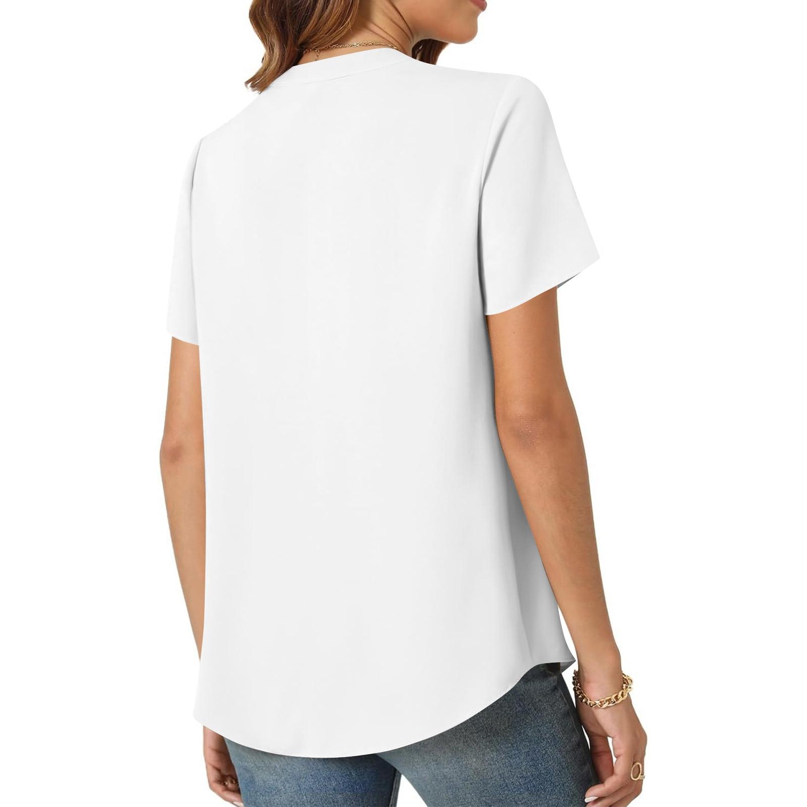 Женская повседневная свободная футболка с коротким рукавом и v-образным вырезом на груди — фото 11