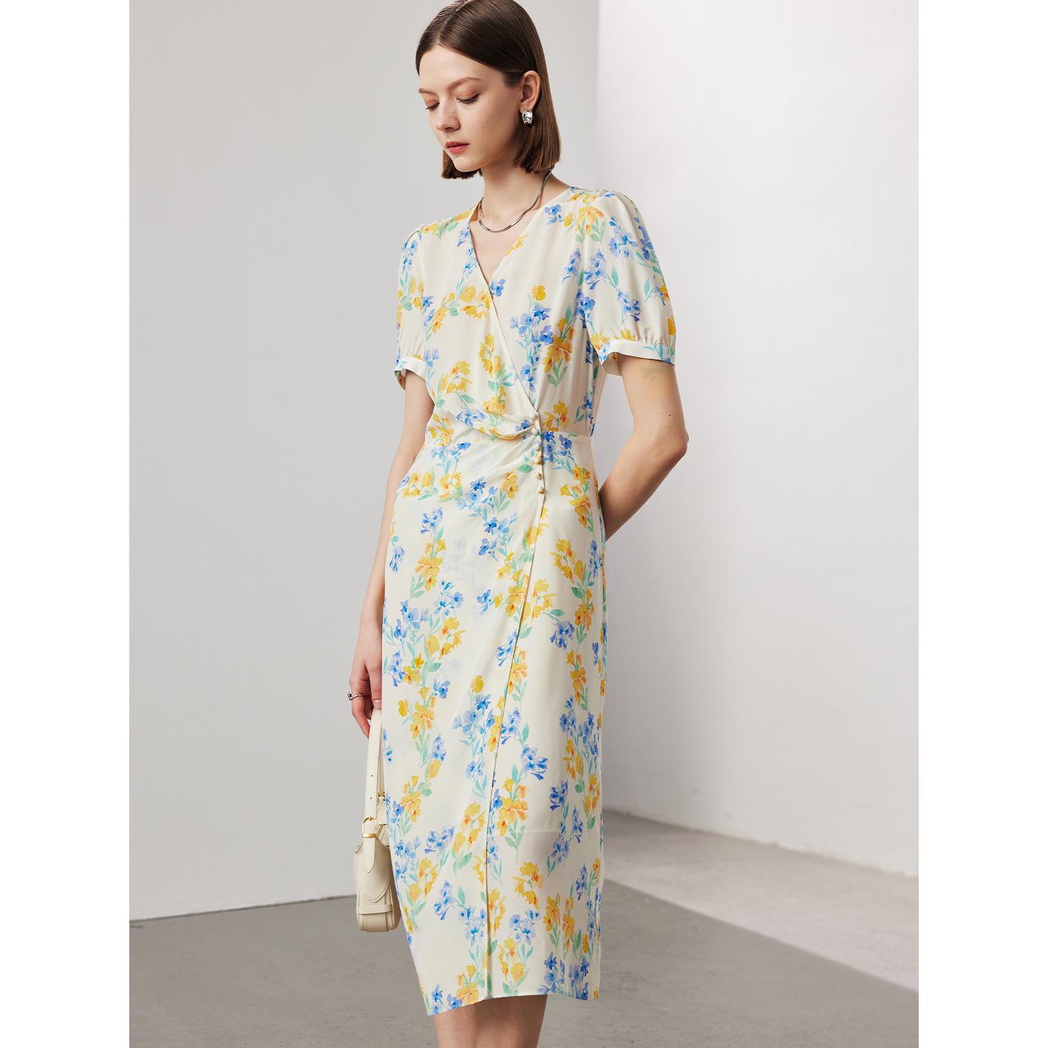 Женское шелковое платье с V-образным вырезом - Коллекция Весна/Лето 2025, с короткими рукавами, на подкладке из двойного крепа, 100% шелк тутового дерева. M 50-55 kg