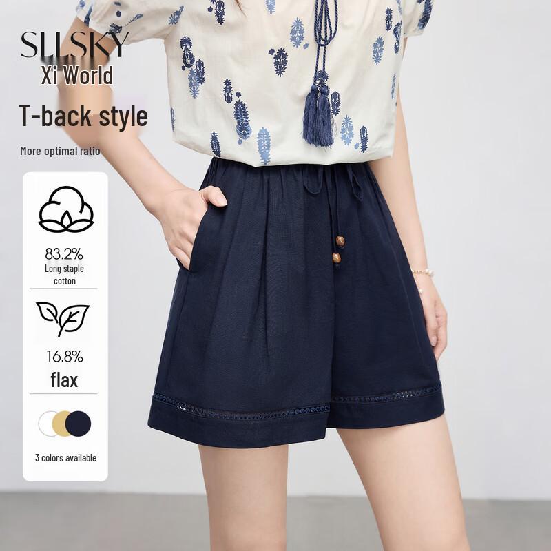 Sllsky Women s Cotton Linen Embroidered A-line Shorts XXL