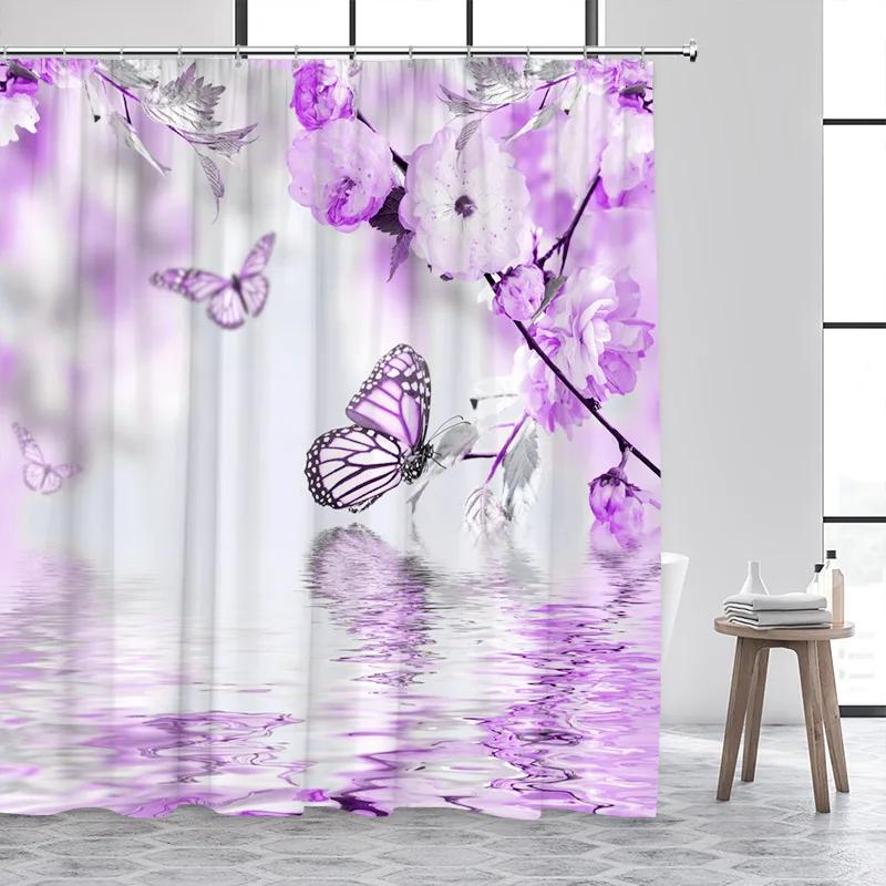 Forest Butterfly Shower Curtains Flowers Green Plants Butterflies Nature Waterfall Bath Curtain Fabric Bathroom Decor with Hooks