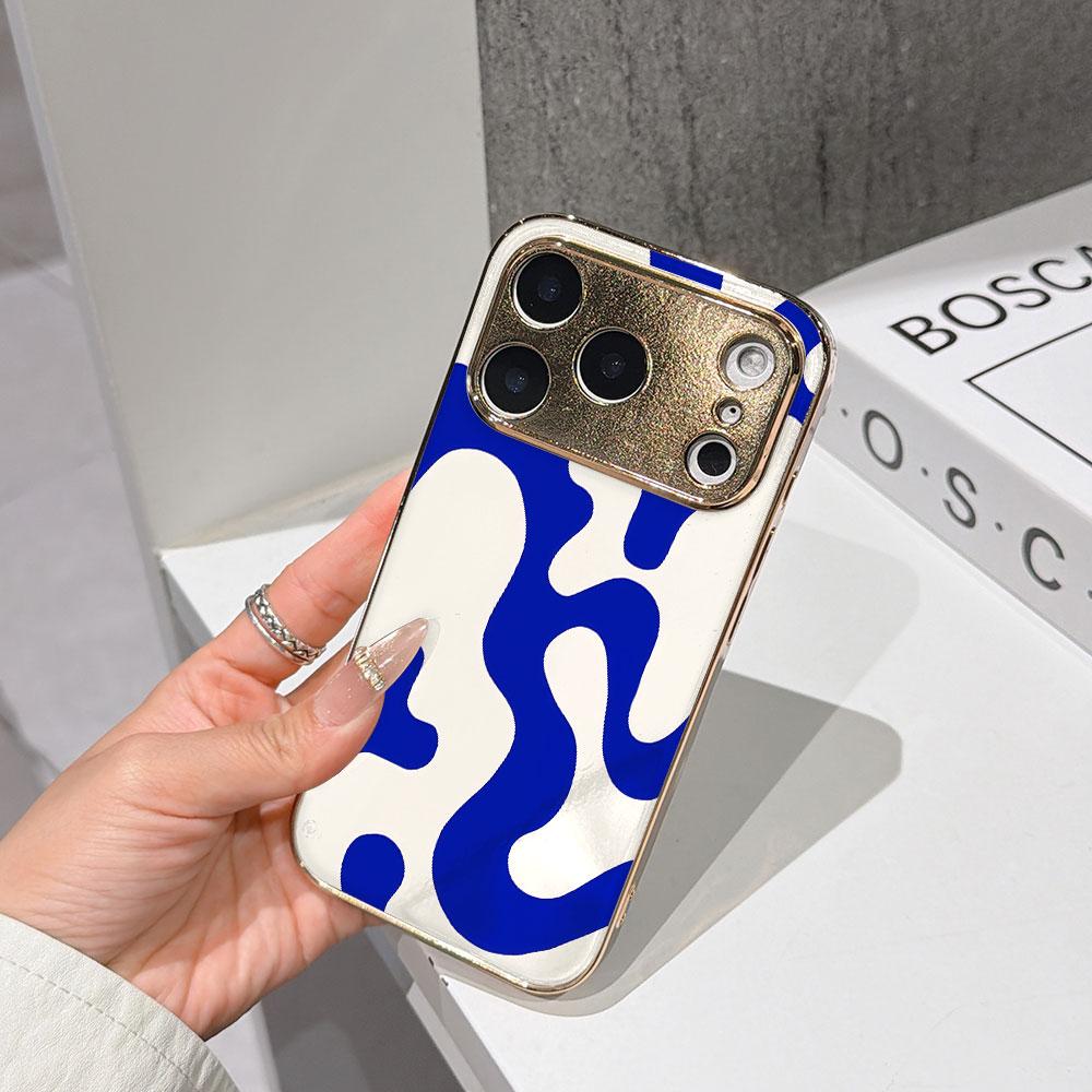 

Lucky Start Phone Case For iPhone 17 16 15 14 13 12 11 Pro Max 16E Gold Electroplated glass shell Blue Swirls Minimalist Cover IPHONE11PRO