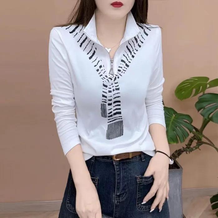 Women's Spring/Fall Elegant Collared Zipper Base Layer Top Loose-Fit Slimming Long-Sleeve T-Shirt