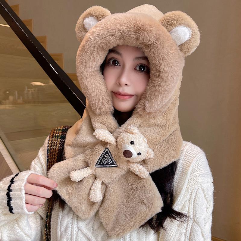 Doll bear hat scarf integrated schoolgirl cute warm winter plush scarf cover ear protection