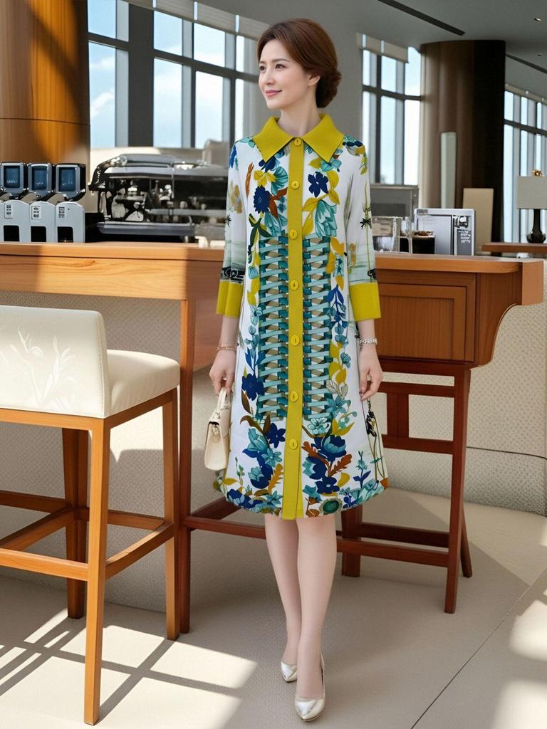 Spring 2026 Retro-Print Dress & Cardigan Set - Age-Reducing, Loose Fit, Plus Size Skirt