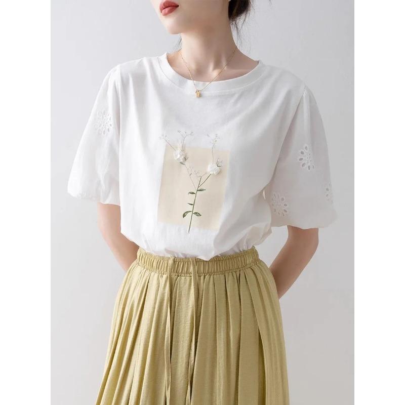 Women's Floral Print Eyelet Embroidery Puff Sleeve T-Shirt
