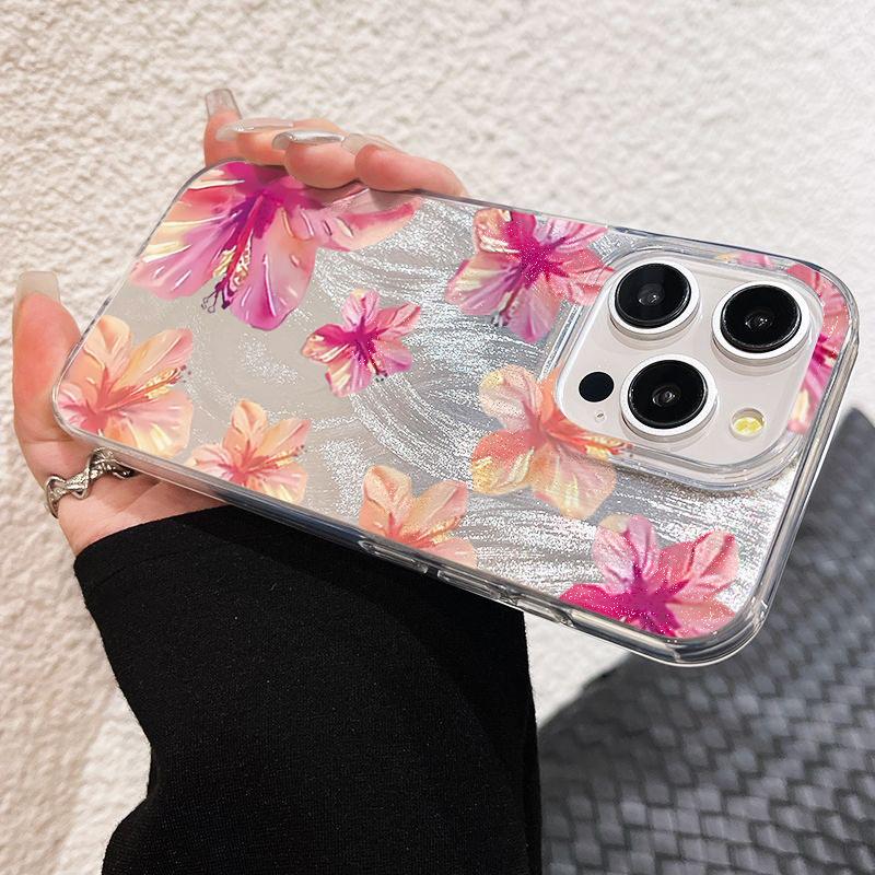 Pink Hibiscus Floral Feather Art Phone Case for iPhone 17 16 15 14 13 12 11 Series Pro Max Plus Double Layer Protection